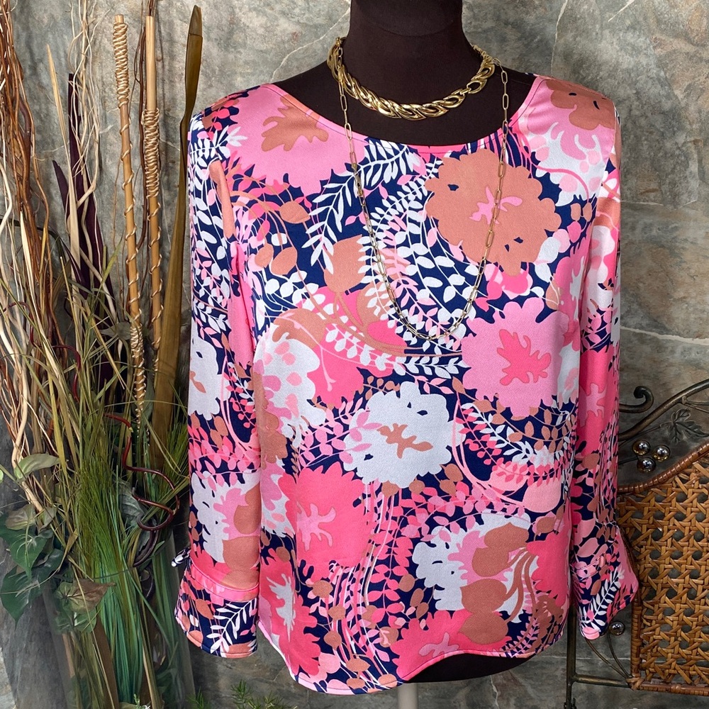 Talbots SP Pink Floral Blouse shirt pull over button top tunic tie cuff